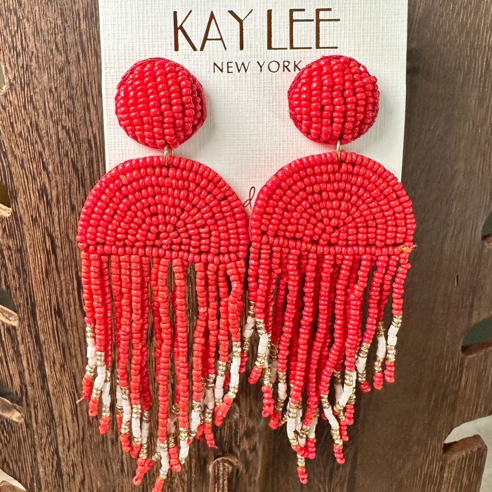 NWT Kay Lee Seed Beaded Southwestern Boho Red Earrings Handmade‎